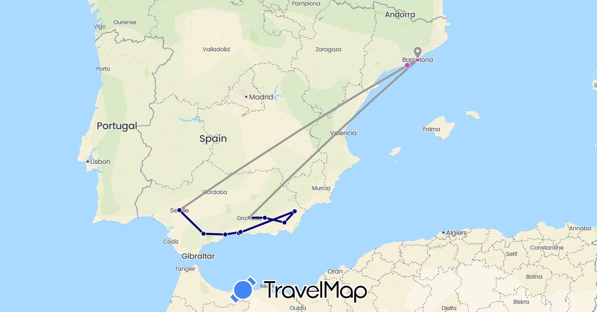 TravelMap itinerary: driving, plane, train in Spain (Europe)